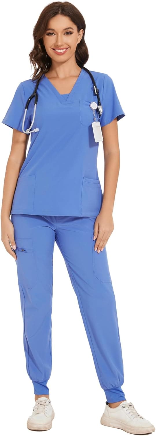 Detalle de COZYFIT Women’s V-Neck Top & Cargo Pants Scrubs Set with 10 Pockets