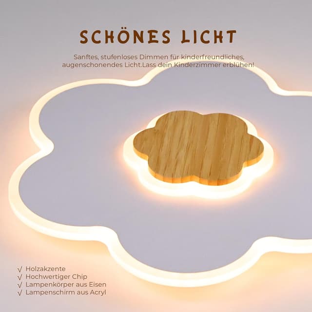 Detalle 2 de Plafonnier LED enfant en forme de fleur (bois) dimmable 3000K–6000K, 35W, 50 cm avec veilleuse