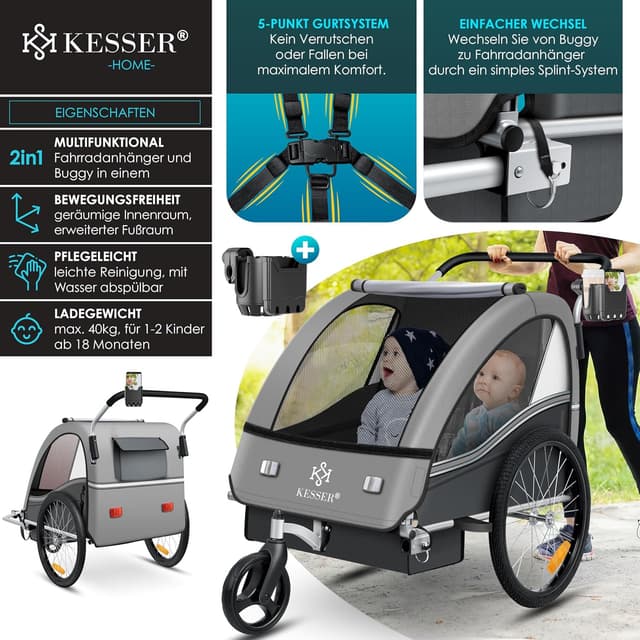 Thumbnail 1 de KESSER Kinderfahrradanhänger Sport-RX 2in1 Jogger & Buggy mit 5-Punkt-Gurt, 360°-Vorderrad und Sicherheits-Set für 1–2 Kinder