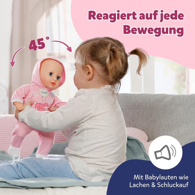 Detalle de BABY born Hannah Spiel mit Mir – Babypuppe mit 5 Funktionen, weicher Stoffkörper und Zubehör, 36 cm