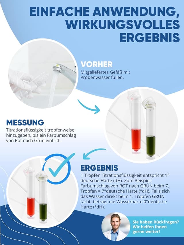 Detalle de AGUALEVE Wasserhärte Test (Titration) bis 24 °dH – schnell & einfach Wasserhärte messen, 2× 15 ml