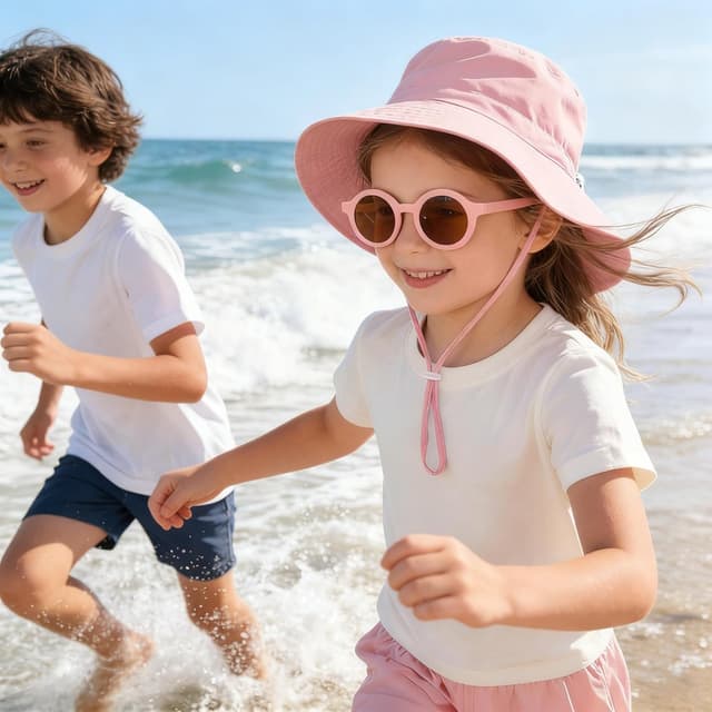 Detalle de Shedoo Sonnenhut Kinder mit UV-Schutz UPF 50+ und breiter Krempe (Fischerhut/Bucket-Hat) inkl. Sonnenbrille