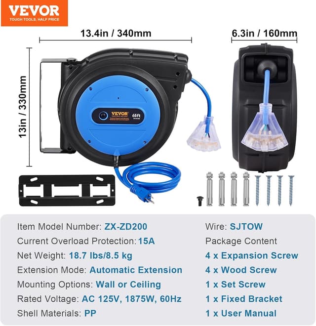 Thumbnail 6 de VEVOR Retractable Extension Cord Reel 65 FT 🔌
