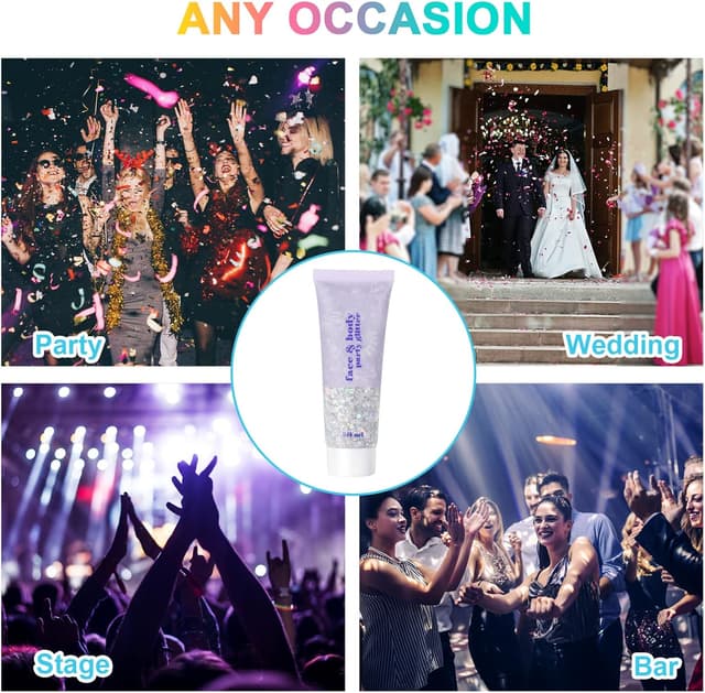 Detalle de URAQT Glitter Corpo, set da 3 gel glitter 50 ml (Bianco+Argento+Oro) per viso, unghie, occhi, labbra e corpo