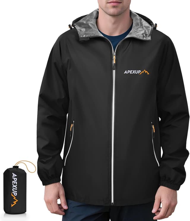 Detalle de APEXUP Packable Men’s Rain Jacket with Reflective Zipper — Lightweight Waterproof & Windproof
