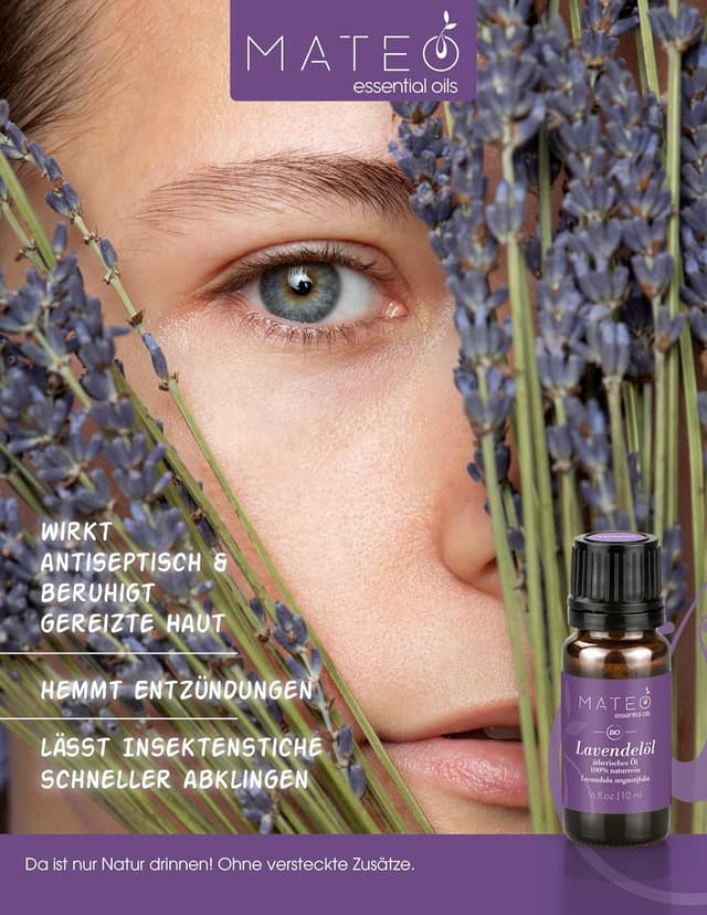 Detalle de MateoEssentialOils Lavendelöl 100% rein & natürlich (Lavandula angustifolia) – Bio – 10 ml