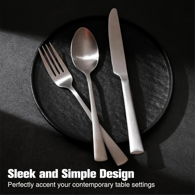 Detalle 1 de KINGSTONE 18/10 Stainless Steel Silverware Set for 8 (40-Piece) — Matte Satin Flatware, Dishwasher Safe