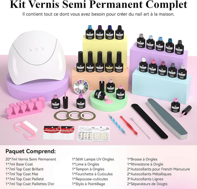 Thumbnail 6 de Kit vernis semi permanent VANREESA 20 couleurs avec lampe UV 36 W, base, top & paillettes (25 pièces)