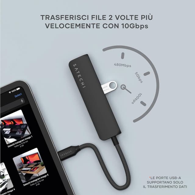 Detalle de SATECHI Hub USB-C 4 in 1 Slim Plus con ricarica PD fino a 100W, HDMI 4K 60Hz e 2×USB-A 10Gbps (Nero)