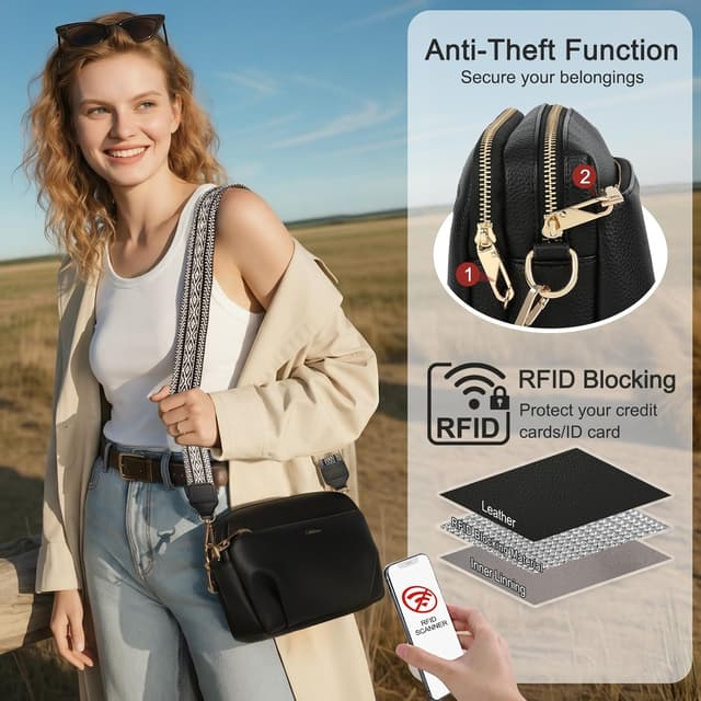 Detalle de HILAEX Anti-Diebstahl Umhängetasche Damen (RFID-Blockierung) – mittelgroß, mit breitem verstellbarem Gurt