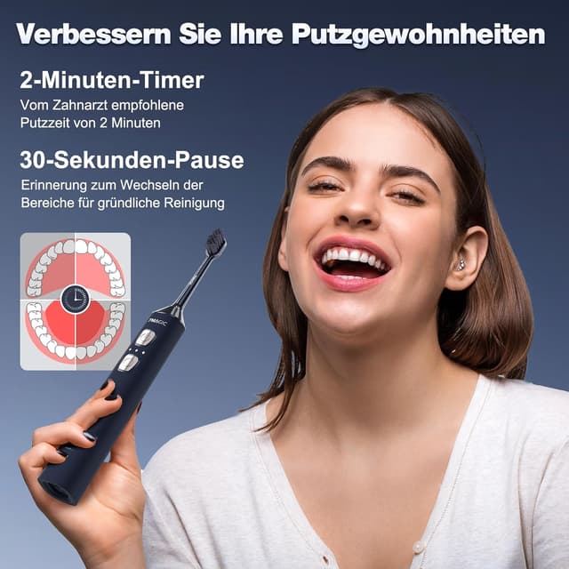 Detalle de Elektrische Schallzahnbürste (leise) mit 3 Intensitäten, 5 Modi, Timer und IPX7 – 40.000 vpm, 180 Tage Akkulaufzeit, Blau