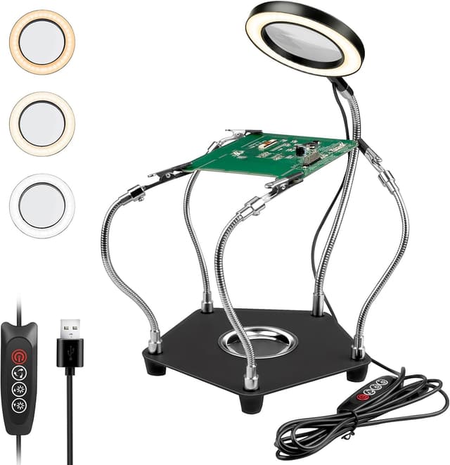 Detalle de Lytool Troisième main à souder avec lampe loupe 3X LED à intensité variable et 4 bras support