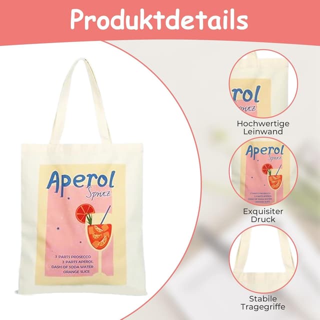 Detalle de Komergave Aperol Spritz Tasche – bedruckter Stoffbeutel aus Canvas als wiederverwendbare Tote Bag