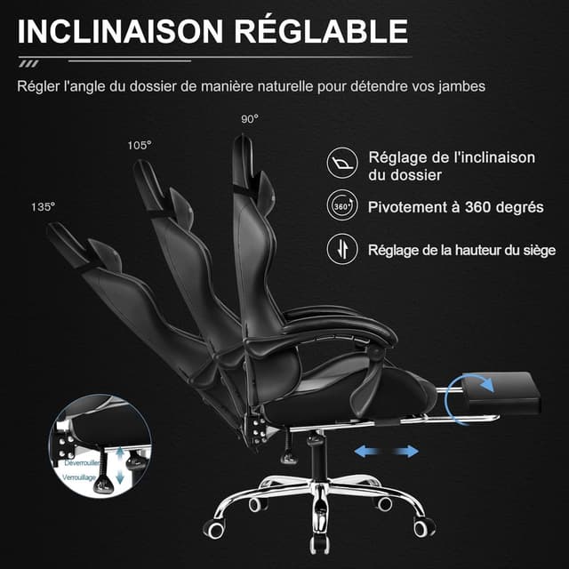 Detalle de GTPLAYER Chaise Gaming noire avec massage lombaire et repose-pieds rétractable