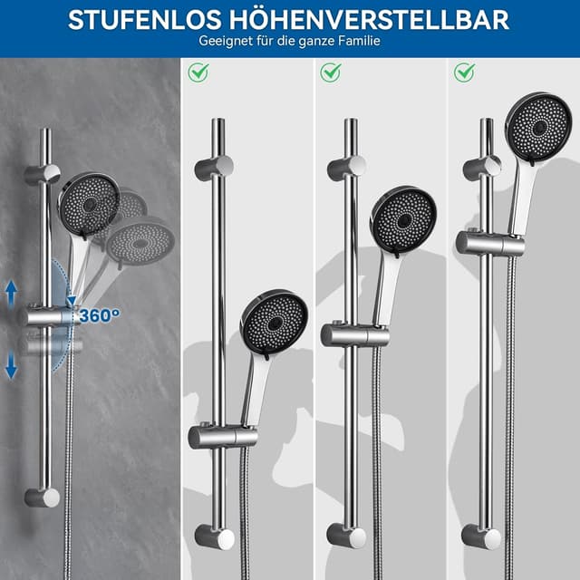 Detalle de Auralum Duschstange mit Brause Komplettset aus Edelstahl (5 Strahlarten, 700 mm Stange, 1500 mm Schlauch)