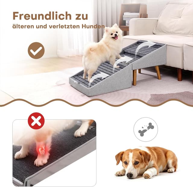 Detalle de Hundetreppe 2-in-1 aus Holz für Couch & Bett – klappbar, rutschfester Komfortbezug (Hellgrau, 43,5 cm hoch)