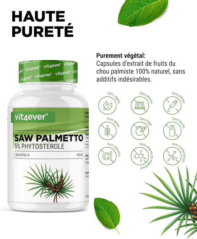 Detalle de Extrait de Palmier Nain (Saw Palmetto) – 180 capsules de 500 mg, 5% phytostérols (25 mg) – Végane