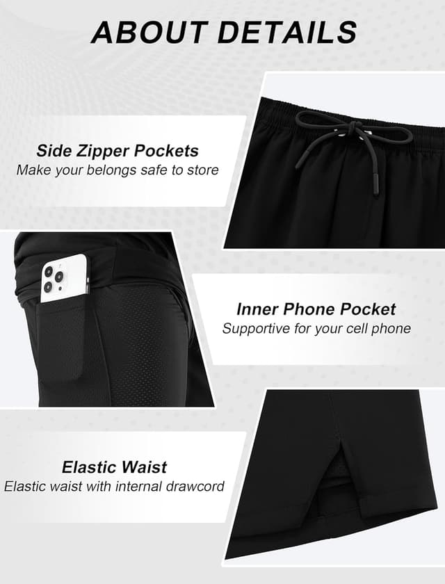 Detalle de veepro Men’s Running Shorts 2 in 1 7" with Compression Liner, Zip Pockets