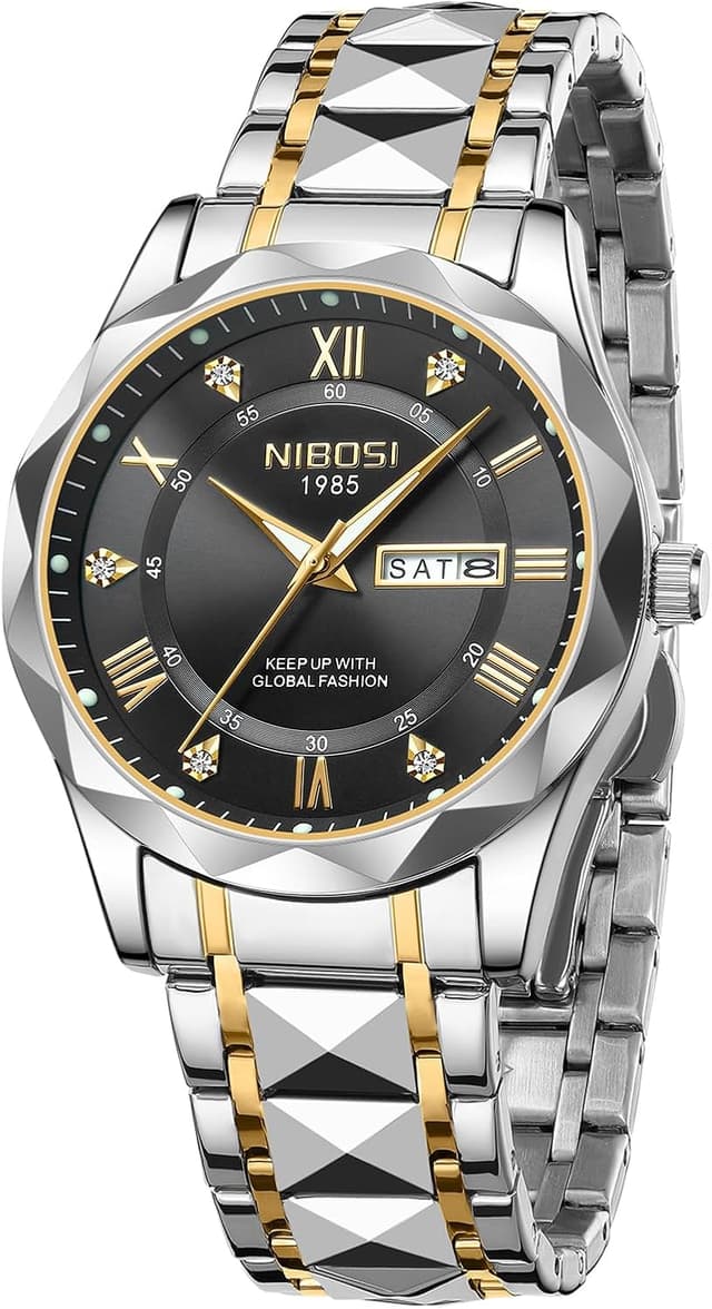 Detalle de NIBOSI Orologio analogico da uomo al quarzo in acciaio inox, impermeabile 3 ATM (30 m) – stile business e casual