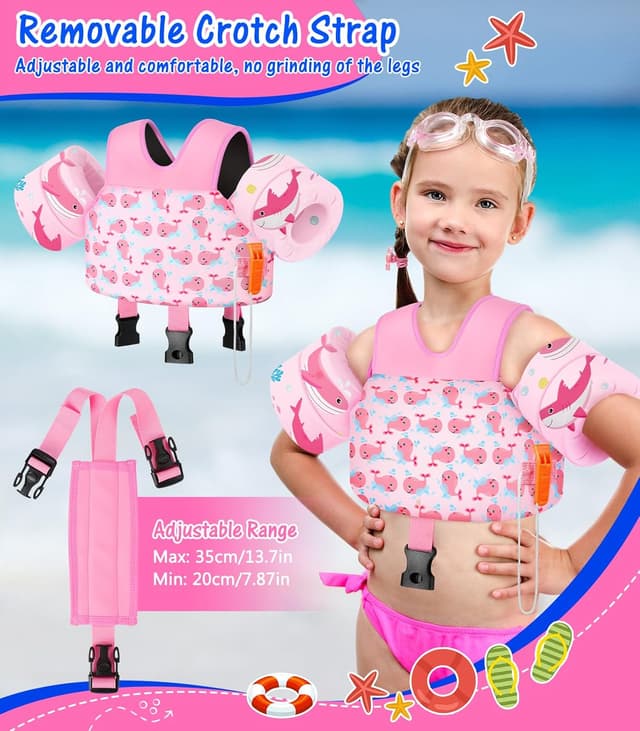 Detalle 2 de MoKo Swim Arm Floaties (15–30 lbs) Toddler Swim Vest for Kids with Crotch Strap and Whistle, Baby Pink Whale