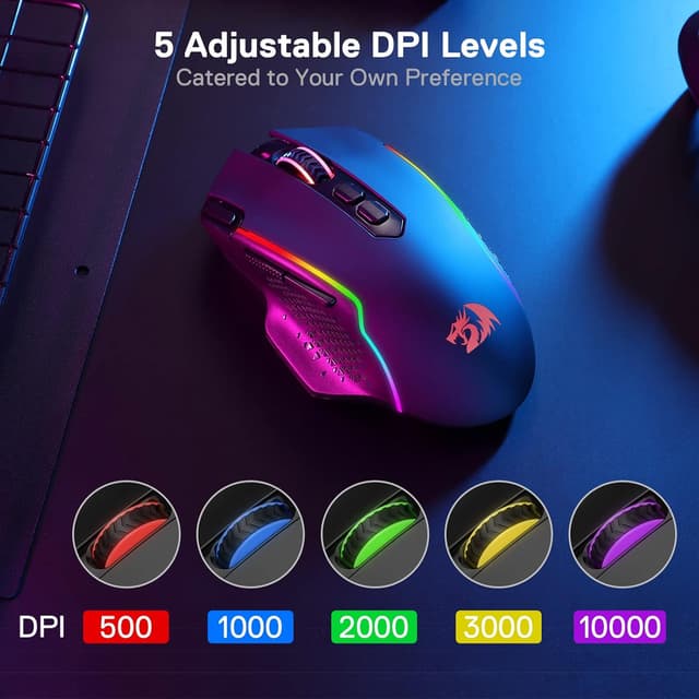 Detalle de Redragon M810 Pro Gaming-Maus (kabelgebunden & kabellos) mit 10.000 DPI, 8 Makrotasten und RGB