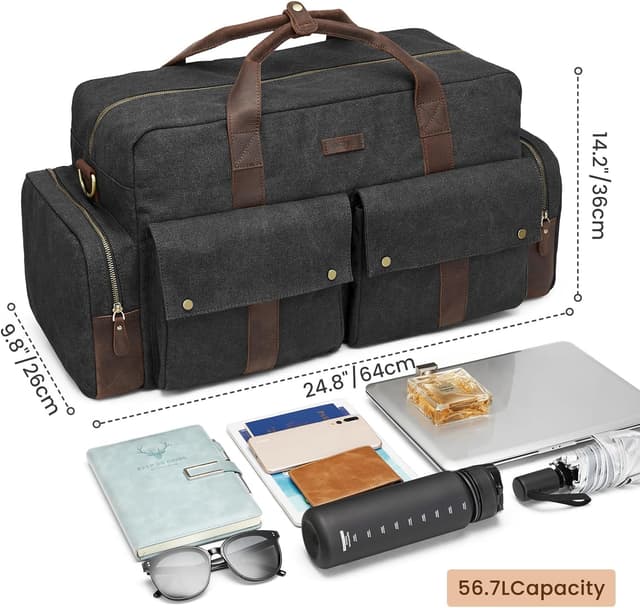 Detalle de S-Zone Unisex 56L Canvas Duffle Bag with Leather Trim – 2–4 Day Carry-On Weekender