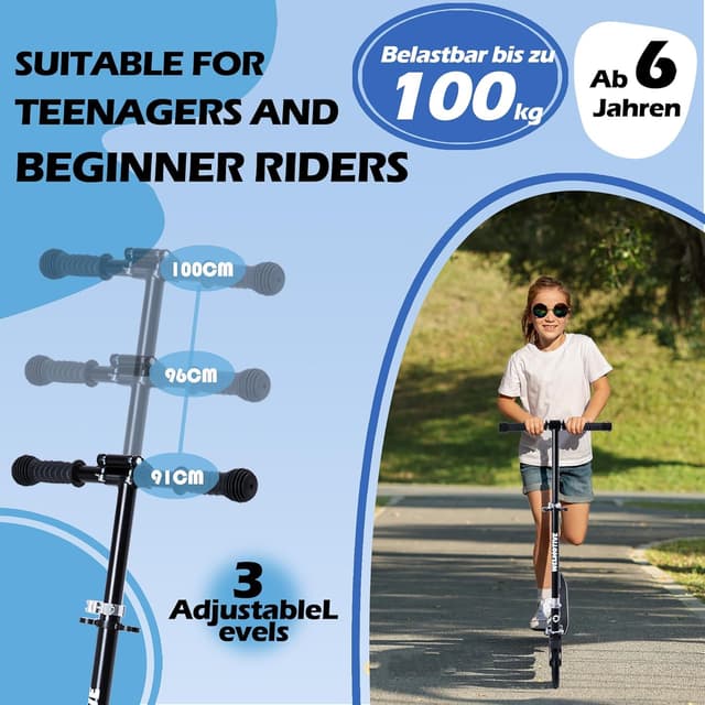 Detalle 2 de Kick Scooter for Kids (Ages 6+), Teens & Adults – Adjustable Handlebars, Rear Brake & Big Wheel Foldable Scooter