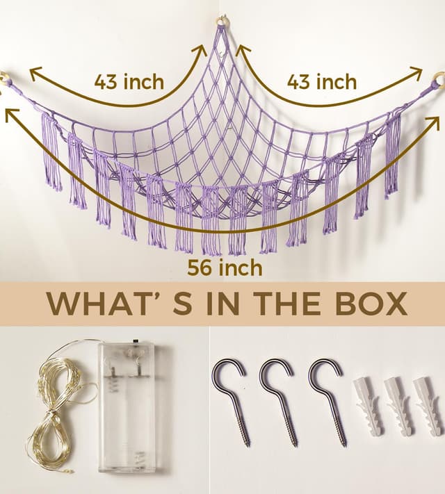 Detalle de RelaxScene Stuffed Animal Hammock Corner with LED Light (Plushie Net Organizer) — Purple Nursery Storage