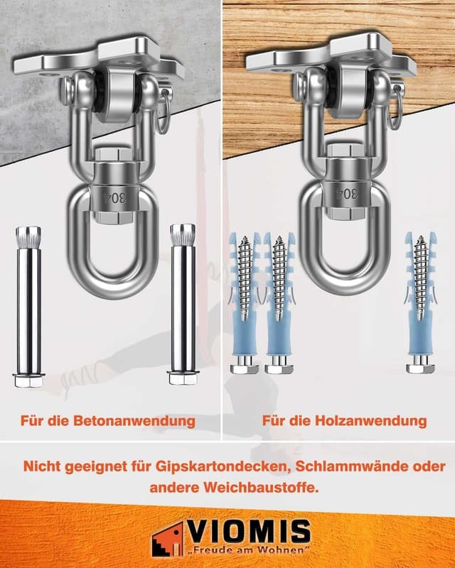 Detalle de Viomis Edelstahl-Deckenhaken 360° drehbar – universal für Schaukeln, Hängematten & Boxsäcke (bis 450 kg)