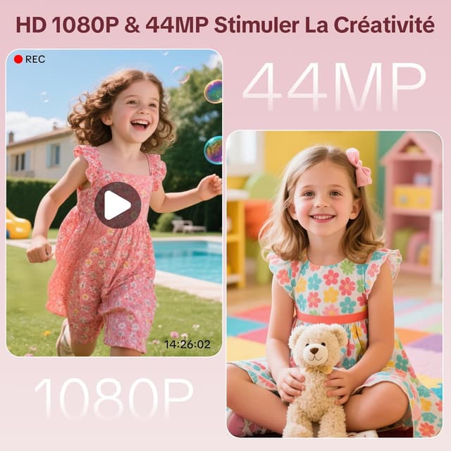 Detalle 2 de Appareil photo numérique 44MP rose (anti-tremblement) avec vidéo HD 1080P, écran IPS 2,4”, zoom numérique 16X et carte 32GB