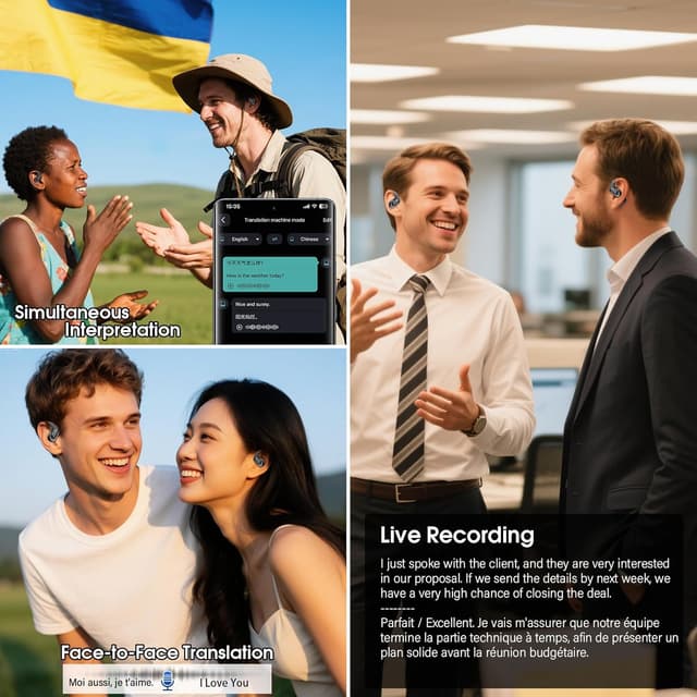 Thumbnail 6 de QXUFV AI Écouteur traducteur instantané Open-Ear 164 langues — IPX7, autonomie 60 h, 9 modes