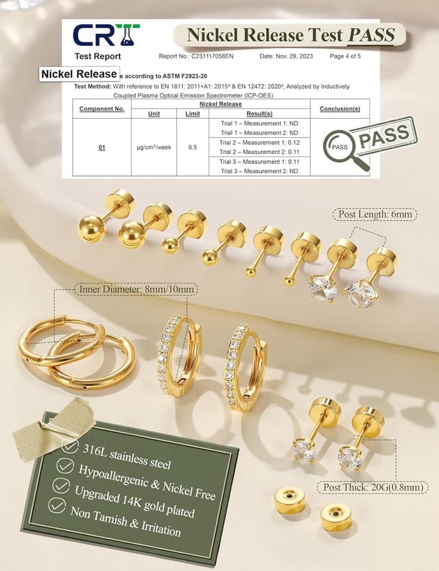 Thumbnail 4 de Jstyle Hypoallergenic 14K Gold Plated Studs for Sensitive Ears