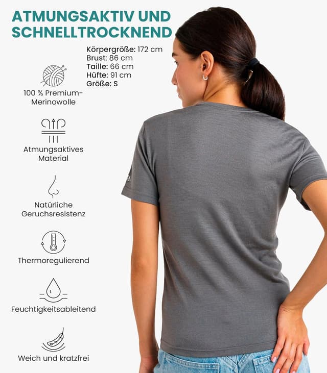 Detalle de Merino.tech 100% Merino T-Shirt Damen (165 g/m², 17,5-Mikron) + Merino-Wandersocken-Set