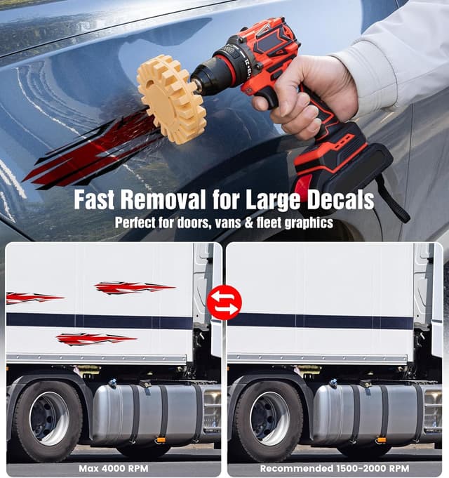 Detalle de OrbitShell Eraser Wheel Decal Remover Tool Kit with Rubber Wheels, Razor Scrapers & Drill Adapters