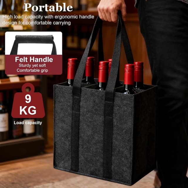 Detalle 2 de Flaschentasche für 6 Flaschen (2 Stück) aus Filz mit Griff – faltbar und mit wechselbarer Trennwand