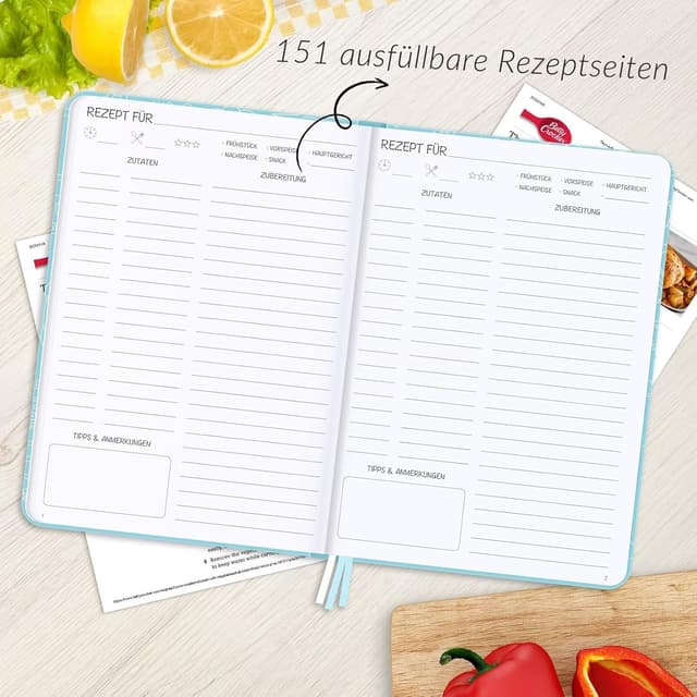 Detalle de AITBOLFIT Rezeptbuch zum Selberschreiben A5 (Pastellblau) für 150 Rezepte