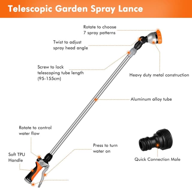 Detalle de RESTMO 91–152 cm metal telescopic watering wand with 180° adjustable head and 7 spray patterns