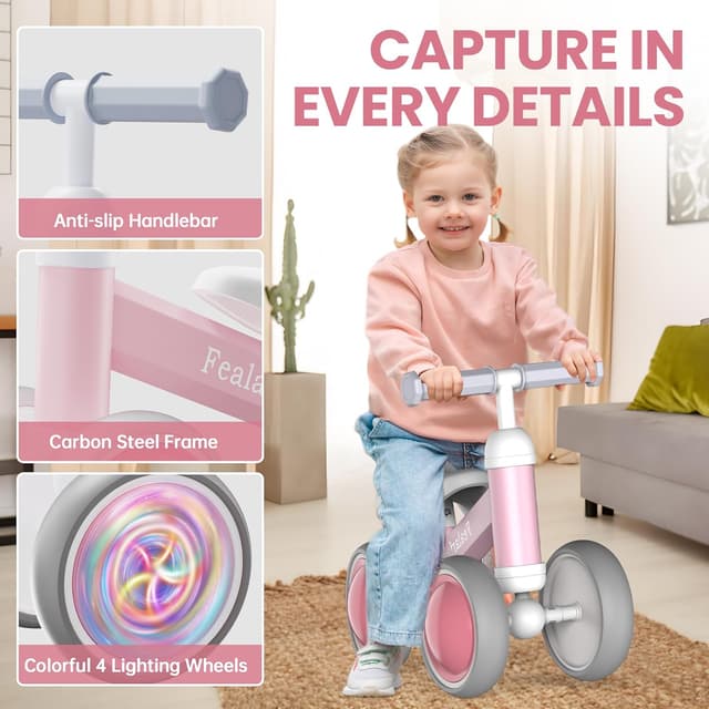 Detalle de Baby Balance Bike (12–24 Months) with 4 LED Lighting Wheels, Baby Pink