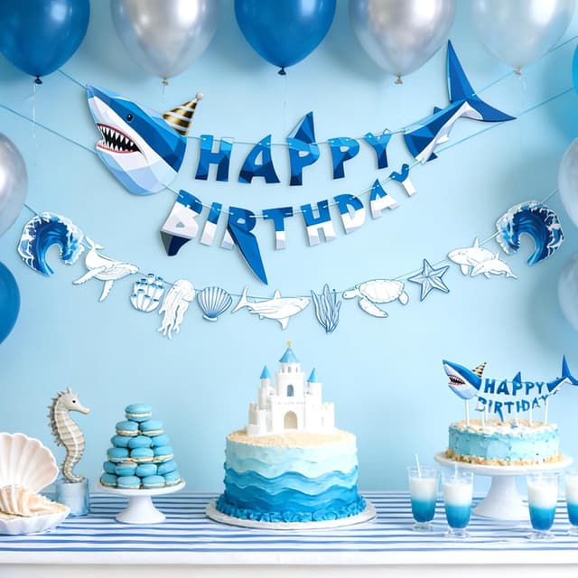 Detalle de SUNBEAUTY 3D Hai „Happy Birthday“ Banner Shark – Ozean-Thema Girlande für Kindergeburtstag, Classroom & Baby Shower