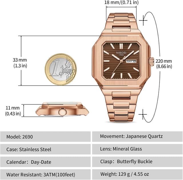 Detalle de NIBOSI Orologio da polso da uomo analogico al quarzo in acciaio inox quadrato impermeabile 3 ATM stile business