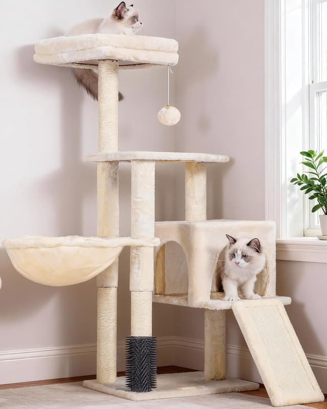 Detalle de Heybly Cat Tree with Self Groomer Brush (108cm) HCT005SM – beige cat tower with scratching post, padded perch & basket