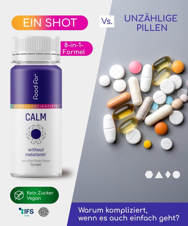 Detalle de FOODFOR CALM GABA Shot 60 ml (Baldrian, Ashwagandha, Zitronenmelisse, Hopfen) – zuckerfrei & vegan, Schweizer 6-Pack
