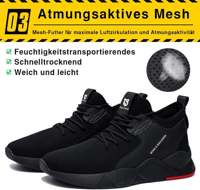 Detalle de BAOLESEM Sicherheitsschuhe – leichte, atmungsaktive Schutzschuhe mit Stahlkappe (Sneaker-Optik) in Schwarz