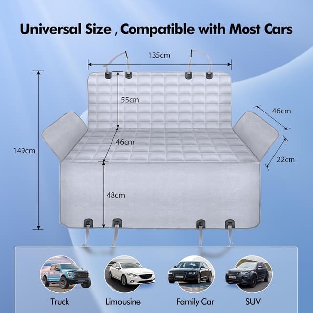 Detalle de Hopidogie Dog Car Seat Cover 4-in-1 – 100% Waterproof, Scratchproof & Nonslip Hammock for Back Seats (Grey)