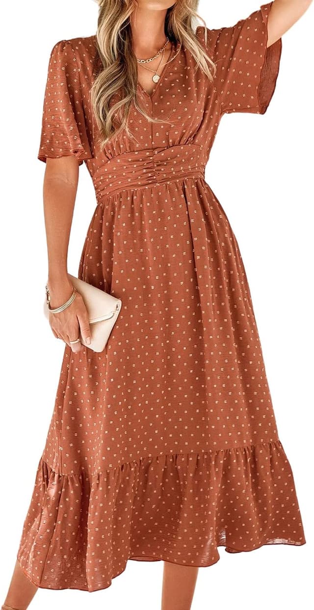 Detalle de BebreezChic Sommerkleid Damen lang Boho mit Swiss-Dot, V-Ausschnitt und geraffter hoher Taille