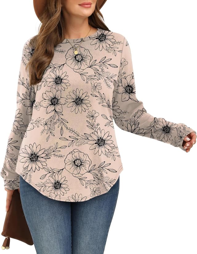 Detalle de WIHOLL women’s curved hem crewneck long sleeve sweatshirt jumper tops (lightweight)