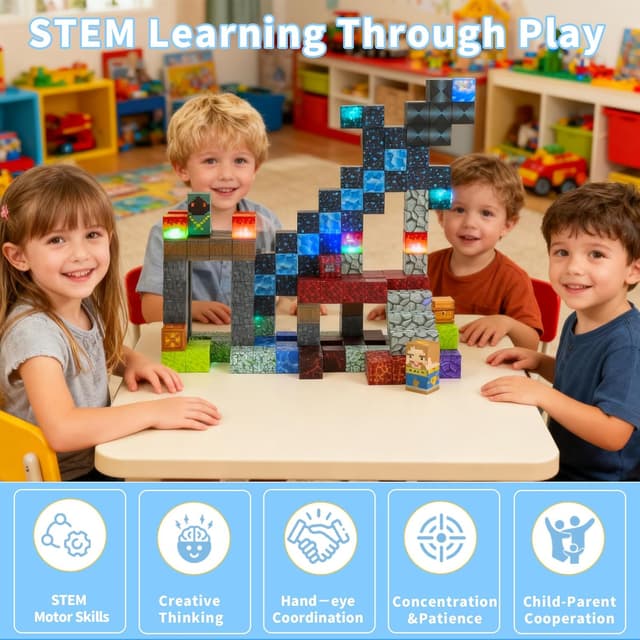 Detalle 2 de MEESHEEP 166-piece Magnetic Blocks set with light-up pieces (STEM Montessori style, age 3–10)