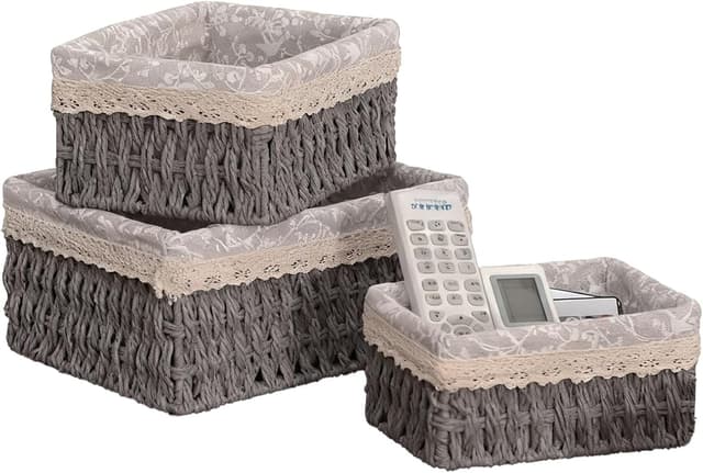 Detalle de 3-teiliges Aufbewahrungskorb-Set im Boho-Stil von wocpvm (geflochten, grau)