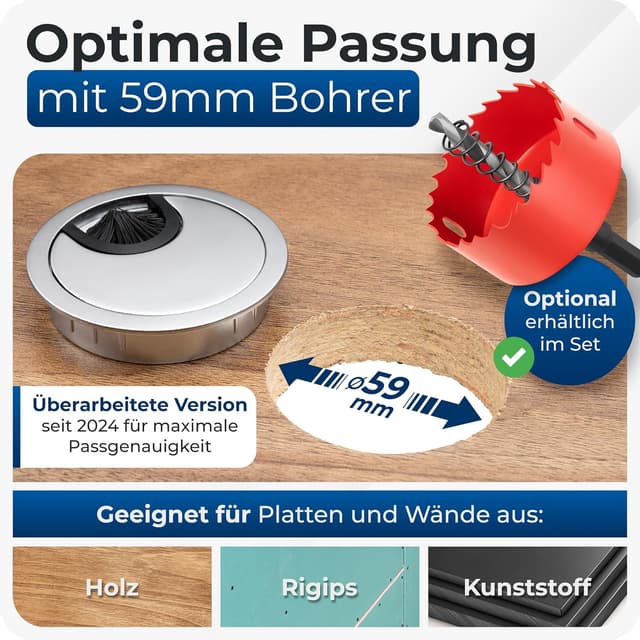 Detalle de Bruce. Kabeldurchführung Ø60 mm aus Metall für Schreibtisch & Möbel mit Bürsten- und Gummieinsatz (Edelstahloptik)