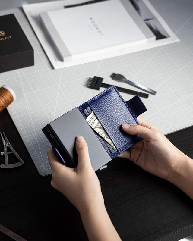 Thumbnail 6 de VULKIT Double Credit Card Holder RFID Blocking Pop Up Metal Card Holder Leather Wallet with Magnetic Closure